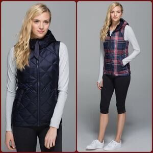 Lululemon Fluffiest Reversible Goose Down Vest Navy Plaid Hooded Size 12